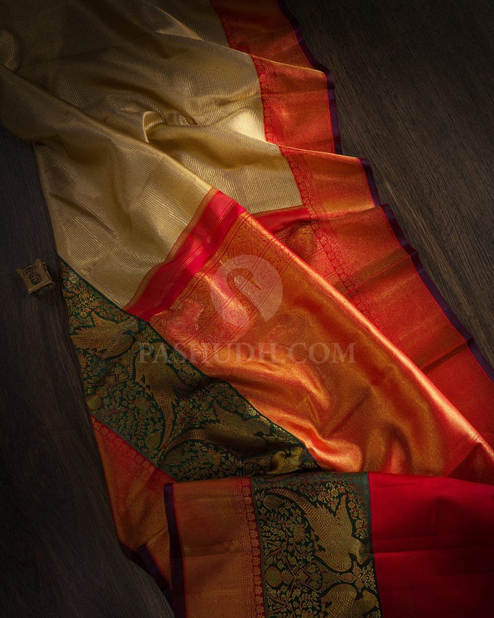 Subtle Gold,Dark Green And Red Kanjivaram Silk Saree-S1580(C)