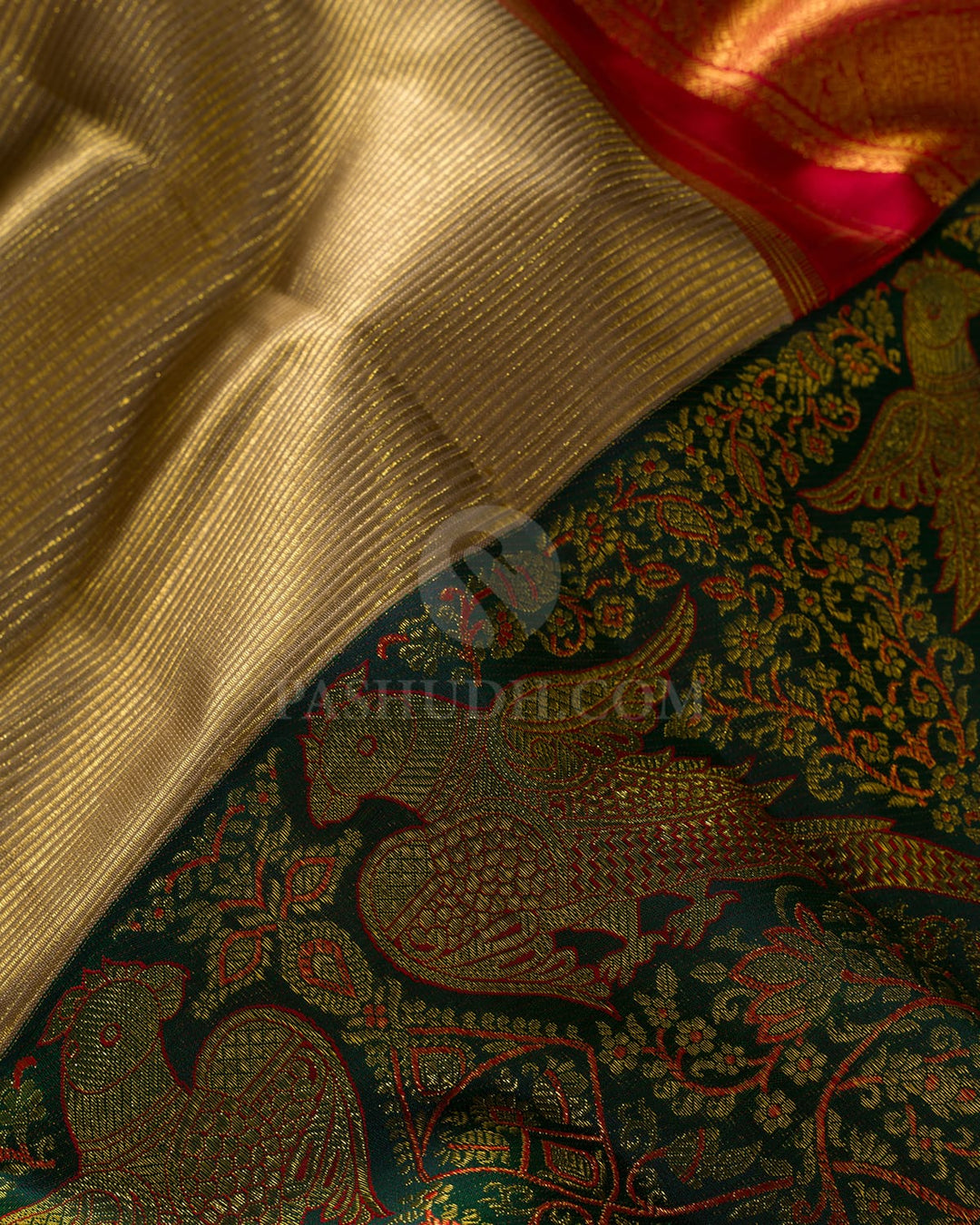 Subtle Gold,Dark Green And Red Kanjivaram Silk Saree-S1580(C)