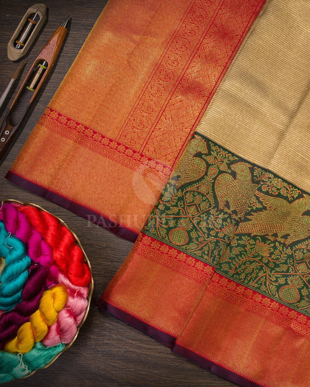 Subtle Gold,Dark Green And Red Kanjivaram Silk Saree-S1580(C)