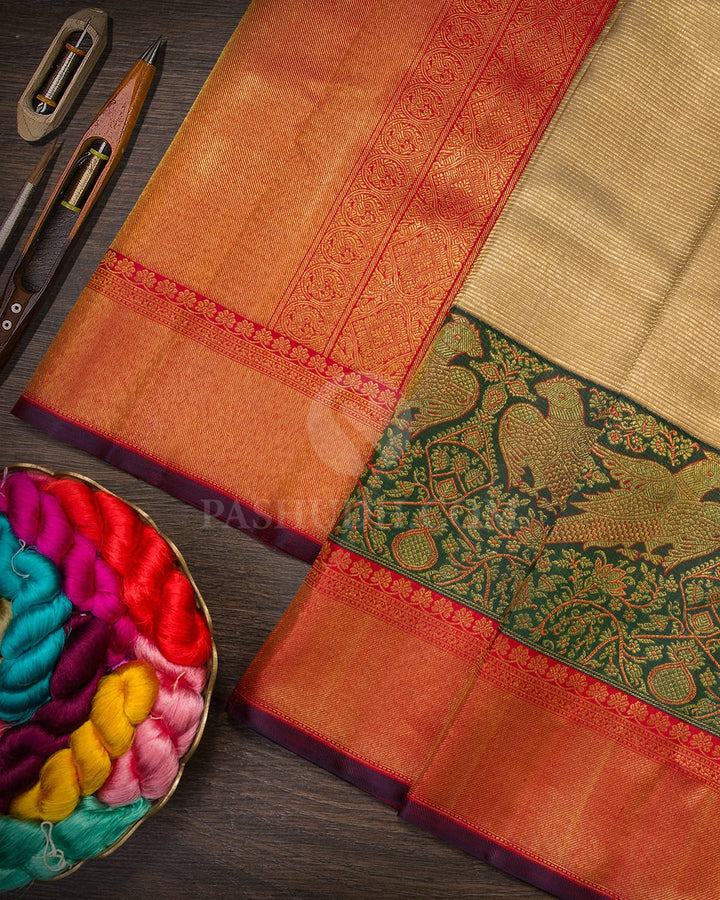 Subtle Gold,Dark Green And Red Kanjivaram Silk Saree-S1580(C)