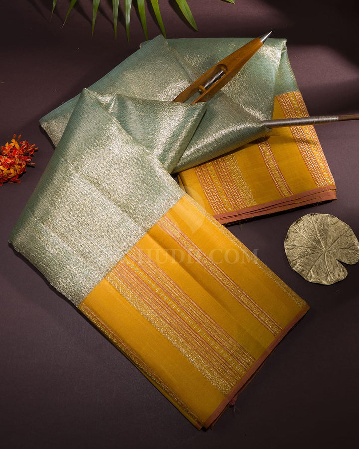 Mint Blue With Mango Yellow Shimmer Organza Kanjivaram Silk Saree-S1689(A)