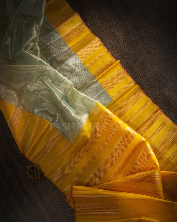Mint Blue With Mango Yellow Shimmer Organza Kanjivaram Silk Saree-S1689(A)