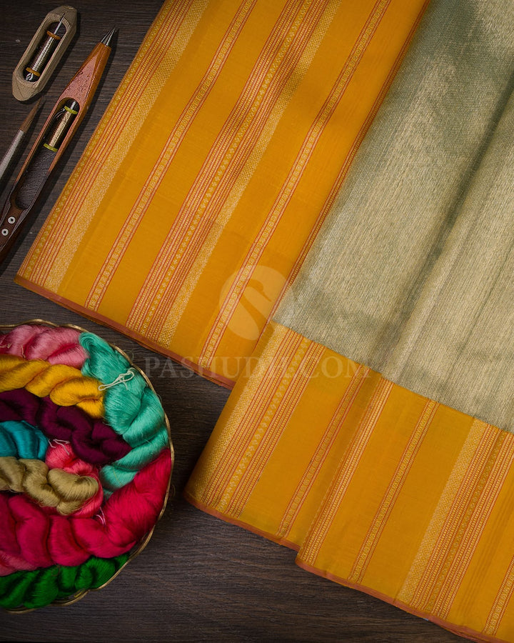 Mint Blue With Mango Yellow Shimmer Organza Kanjivaram Silk Saree-S1689(A)