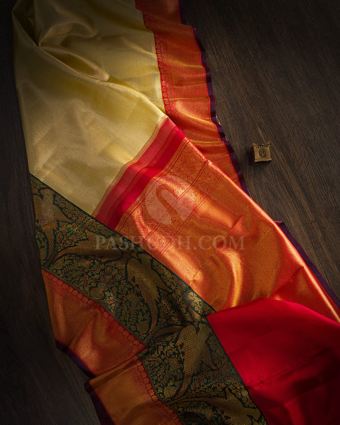 Ivory, Dark Green And Red Kanjivaram Silk Saree-S1580(B)