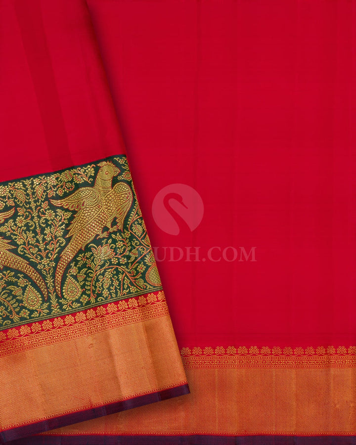 Ivory, Dark Green And Red Kanjivaram Silk Saree-S1580(B)