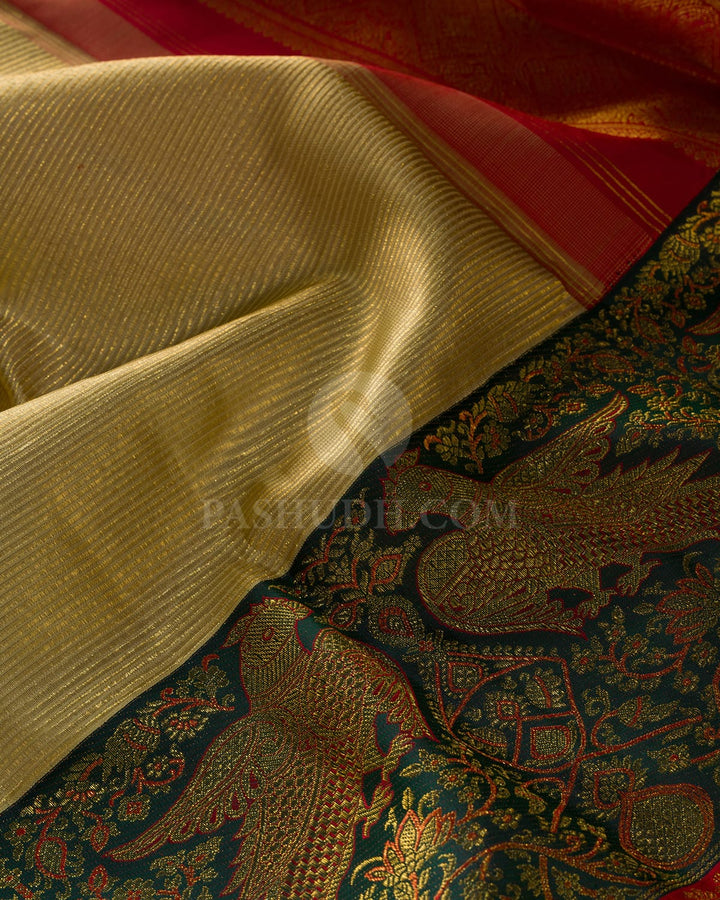 Ivory, Dark Green And Red Kanjivaram Silk Saree-S1580(B)