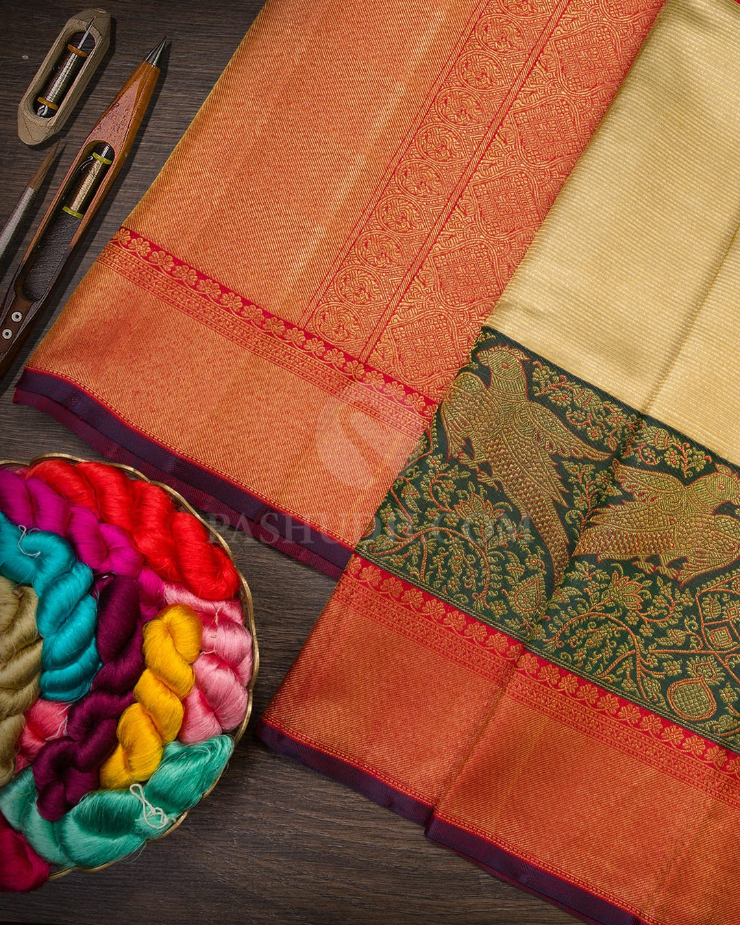 Ivory, Dark Green And Red Kanjivaram Silk Saree-S1580(B)