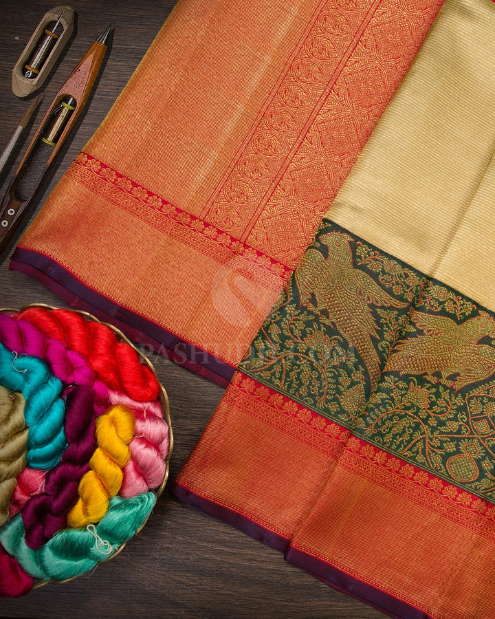 Ivory, Dark Green And Red Kanjivaram Silk Saree-S1580(B)