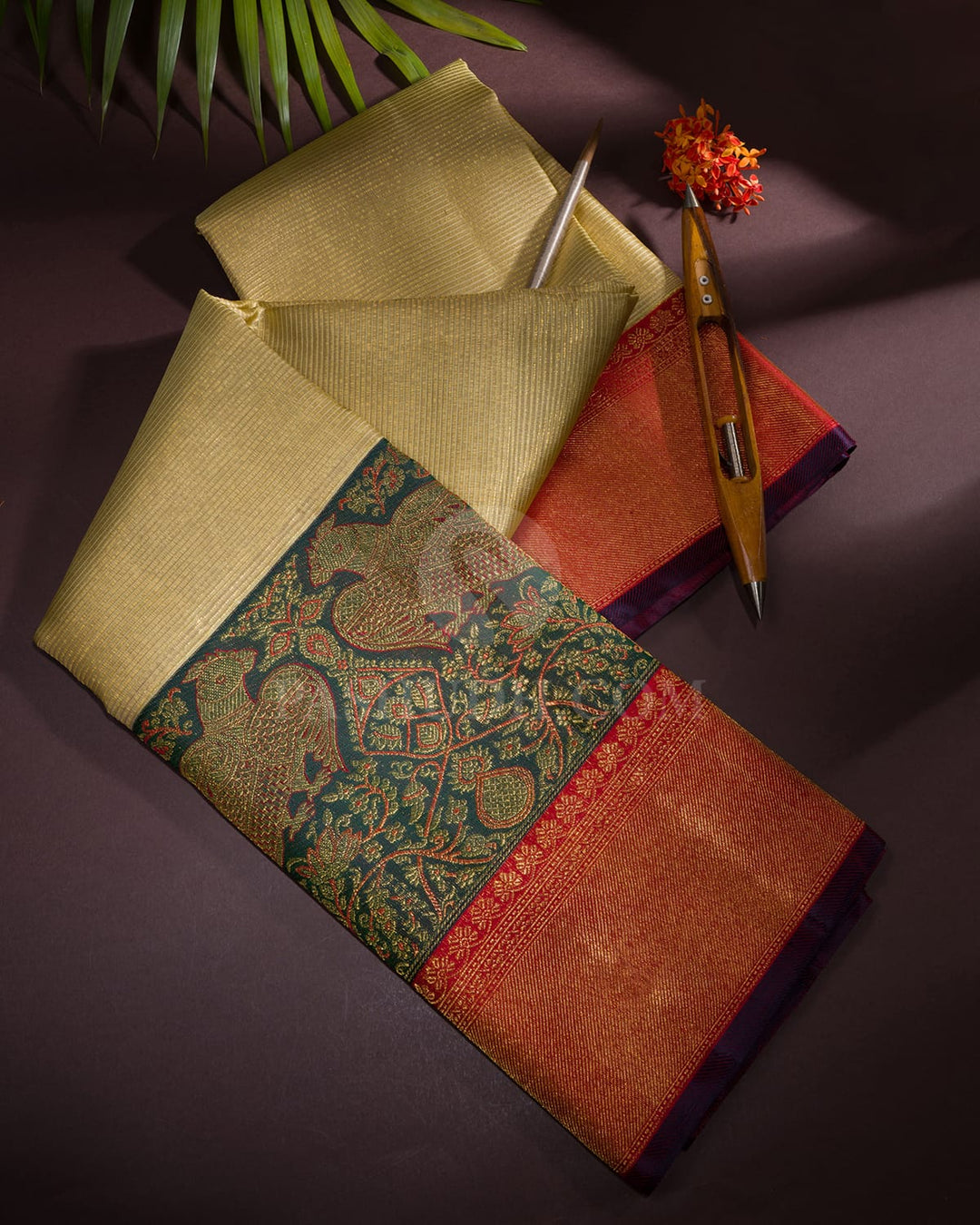 Ivory, Dark Green And Red Kanjivaram Silk Saree-S1580(B)