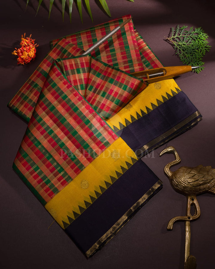 Green,Red And Peach Kanjivaram Silk Saree-S1677(A)
