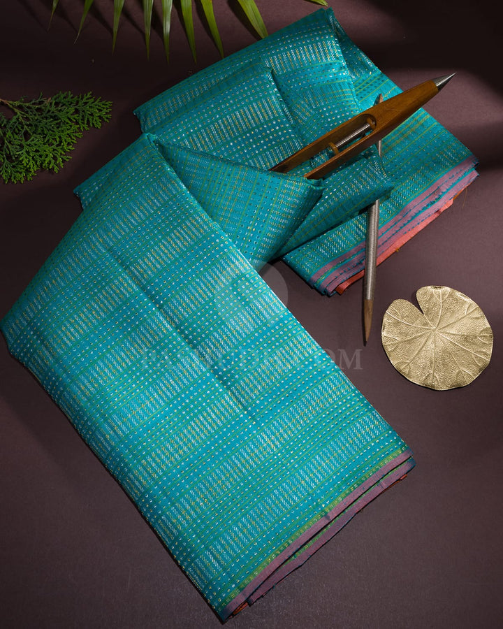 Turquoise Blue With Dual Shaded Peach Kanjivaram Silk Saree-S1419(B)