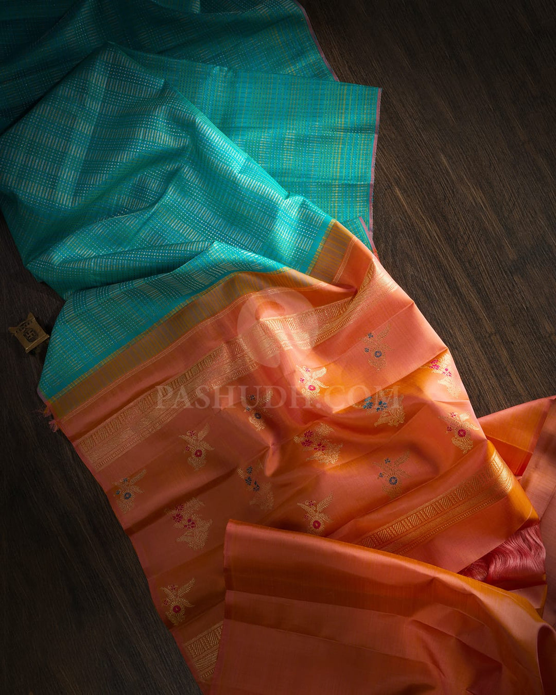 Turquoise Blue With Dual Shaded Peach Kanjivaram Silk Saree-S1419(B)