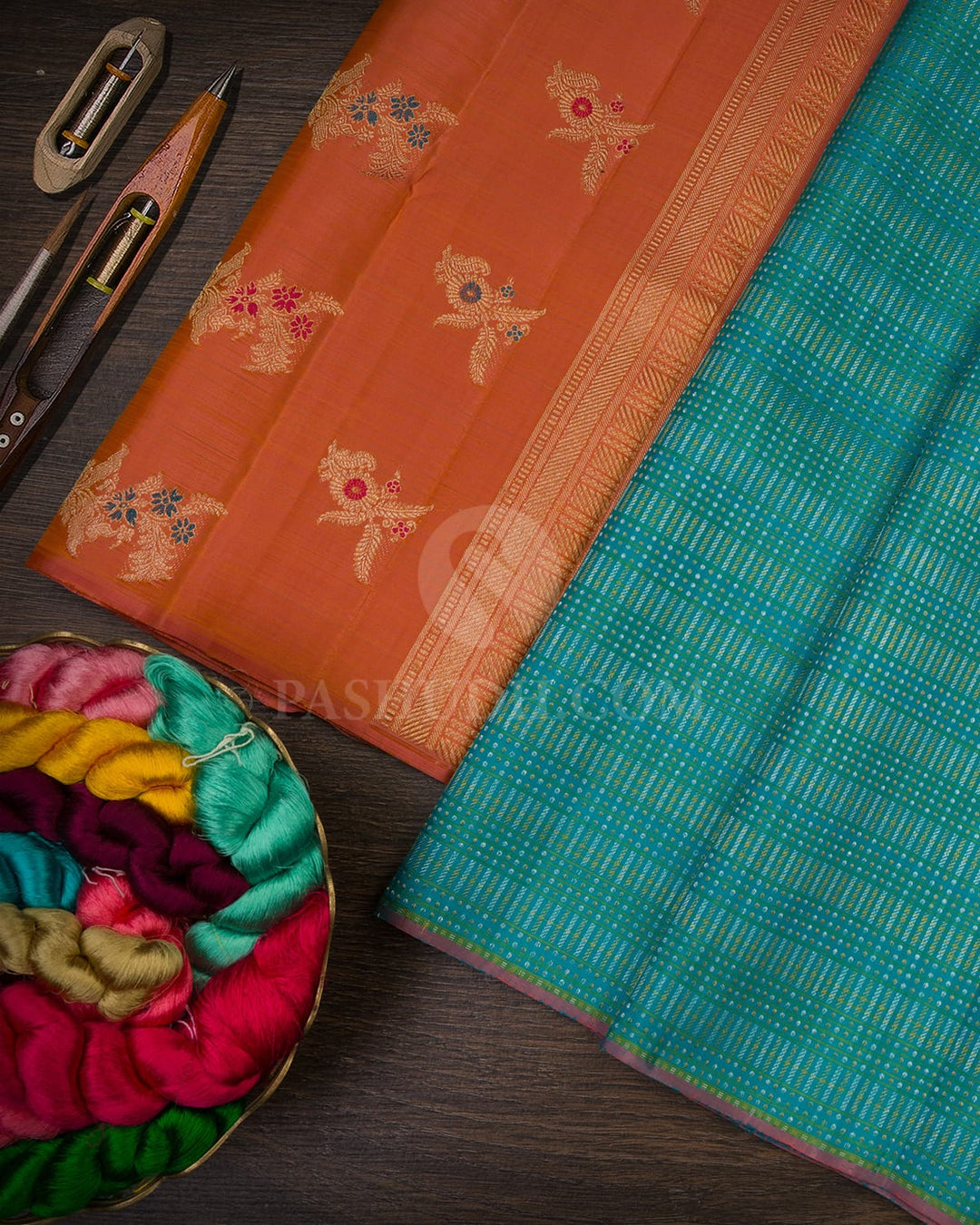 Turquoise Blue With Dual Shaded Peach Kanjivaram Silk Saree-S1419(B)