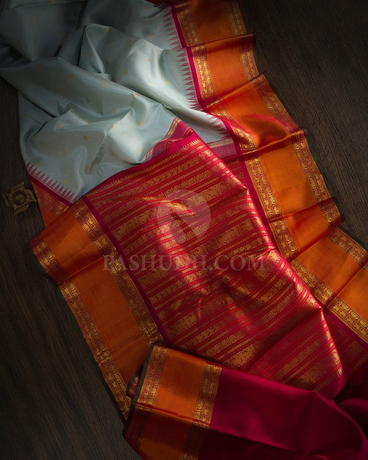 Steel Blue With Kumkum Red Kanjivaram Silk Saree-SP392