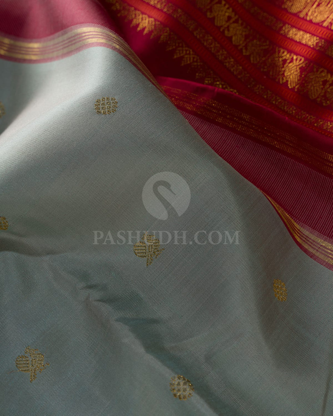 Steel Blue With Kumkum Red Kanjivaram Silk Saree-SP392