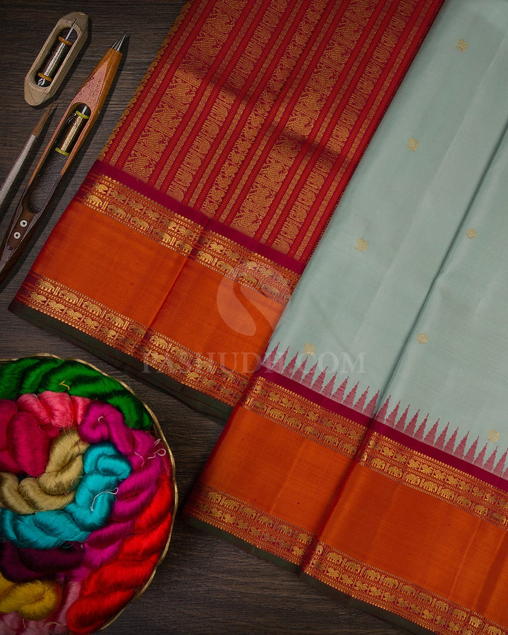 Steel Blue With Kumkum Red Kanjivaram Silk Saree-SP392