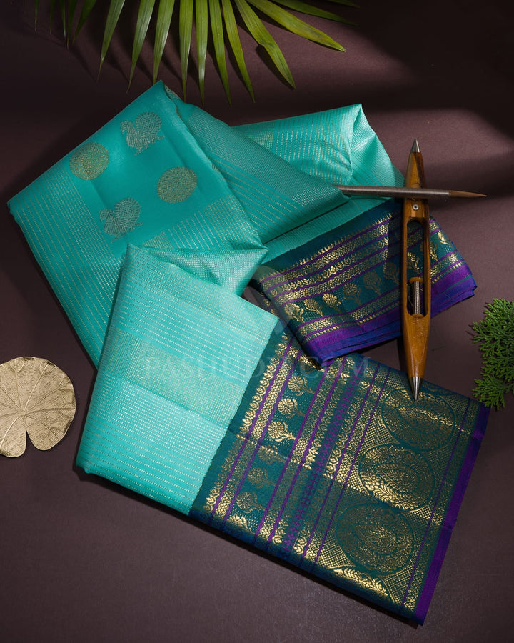 Sky Blue And Dual Shaded Teal Border Kanjivaram Silk Saree-S1686(A)