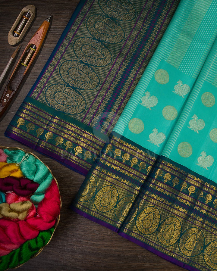 Sky Blue And Dual Shaded Teal Border Kanjivaram Silk Saree-S1686(A)