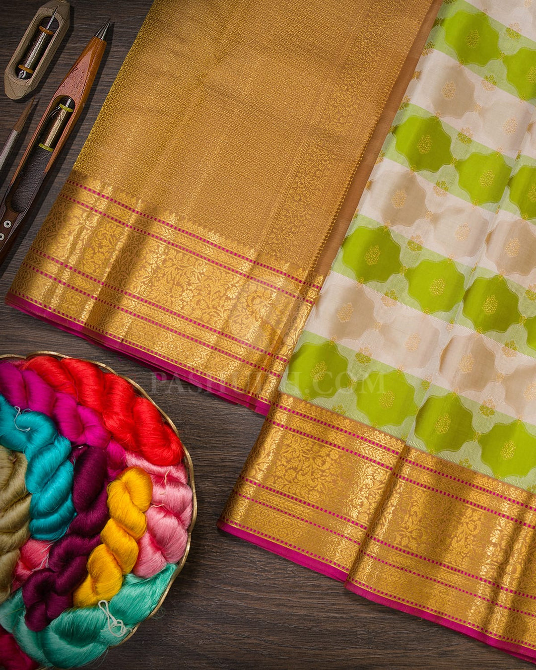 Green,Beige And Khaki Kanjivaram Silk Saree-DJ432(C)