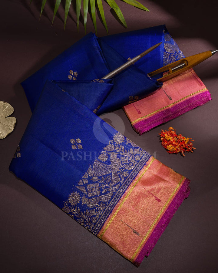 Royal Blue With Peach Kanjivaram Silk Saree-S1628(B)