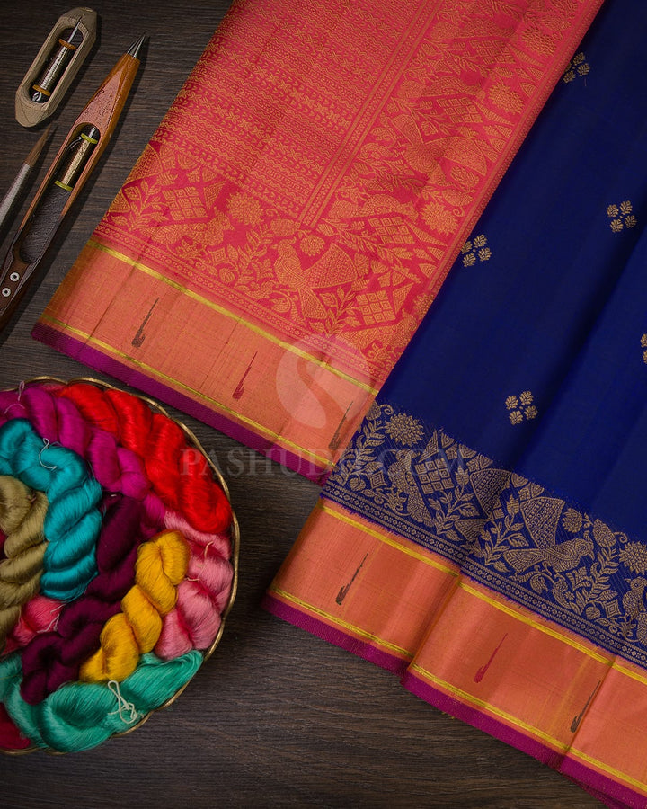 Royal Blue With Peach Kanjivaram Silk Saree-S1628(B)