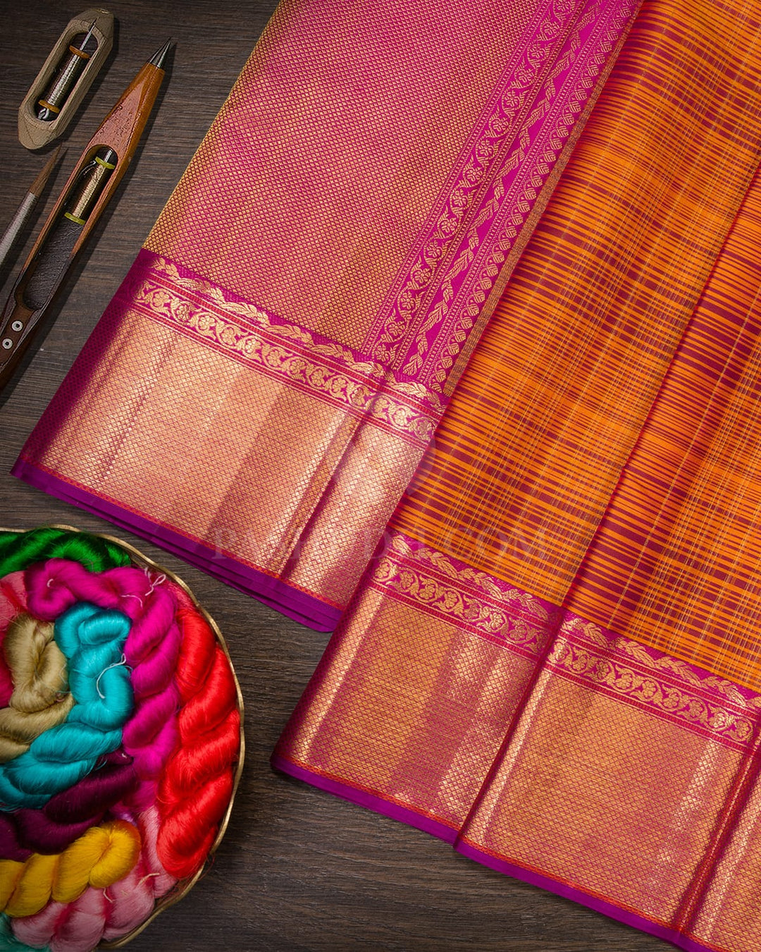 Orange And Rani Pink Kanjivaram Silk Saree-D675(A)
