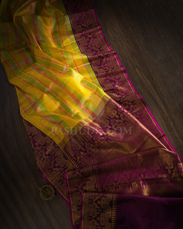 Yellow, Green And Candy Pink Kanjivaram Silk Saree-S1680(A)