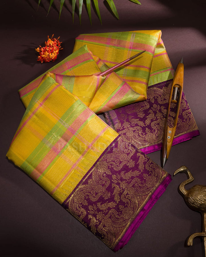 Yellow, Green And Candy Pink Kanjivaram Silk Saree-S1680(A)