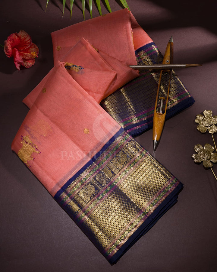 Peach Pink And Navy Blue Kanjivaram Silk Saree-S1601(B)