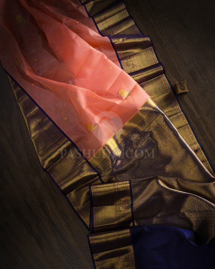 Peach Pink And Navy Blue Kanjivaram Silk Saree-S1601(B)