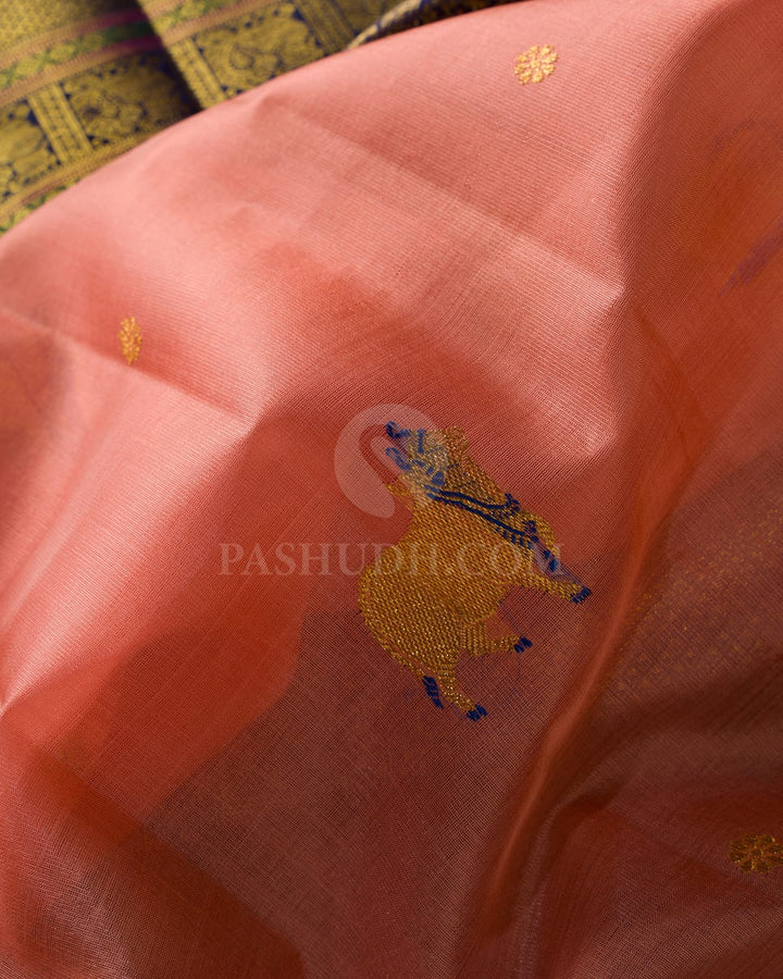 Peach Pink And Navy Blue Kanjivaram Silk Saree-S1601(B)