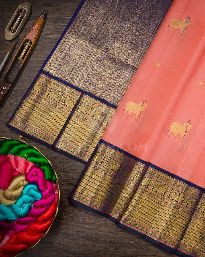 Peach Pink And Navy Blue Kanjivaram Silk Saree-S1601(B)