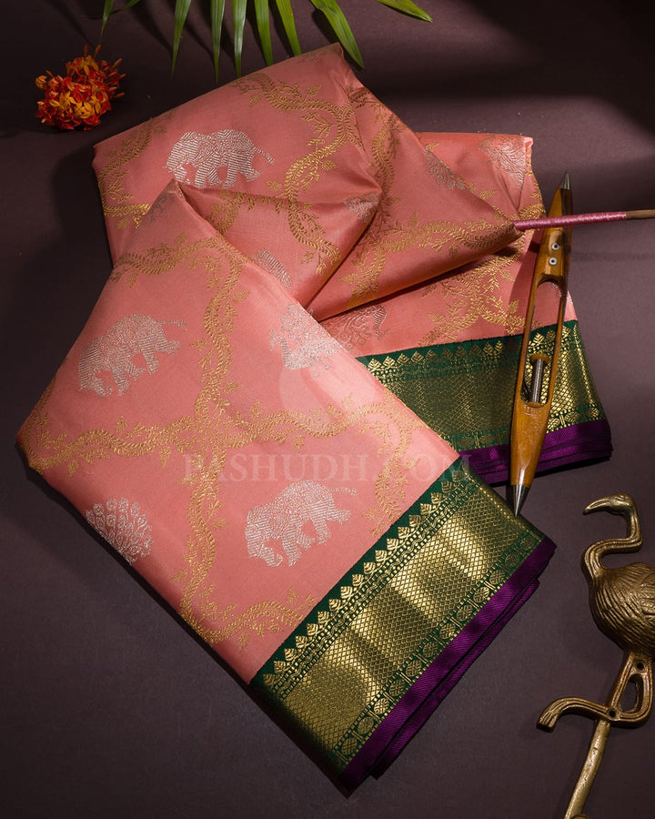 Peachy And Bottle Green Pure Zari Kanjivaram  Silk Saree-P215(A)