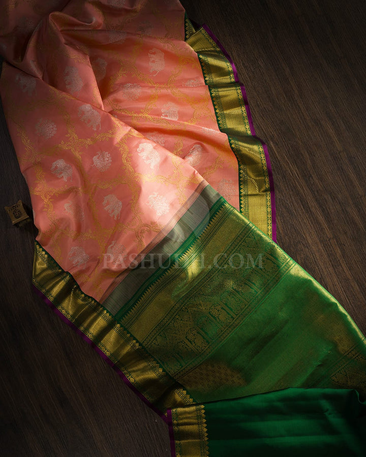Peachy And Bottle Green Pure Zari Kanjivaram  Silk Saree-P215(A)