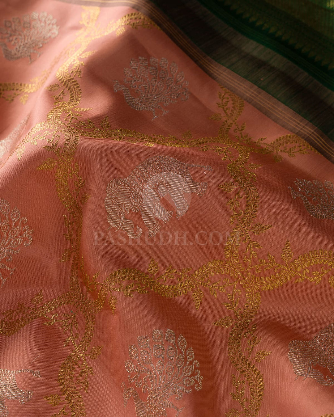 Peachy And Bottle Green Pure Zari Kanjivaram  Silk Saree-P215(A)