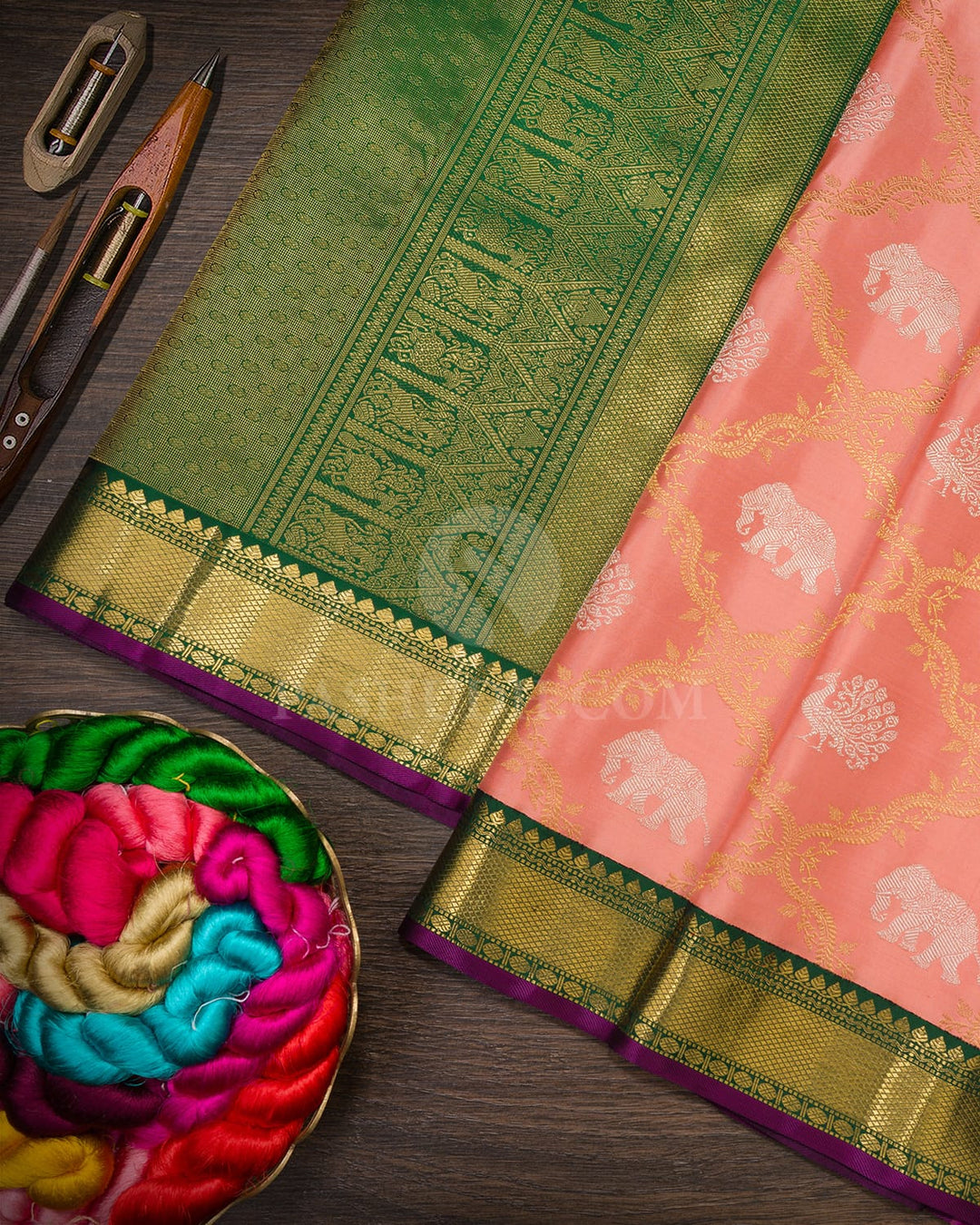 Peachy And Bottle Green Pure Zari Kanjivaram  Silk Saree-P215(A)