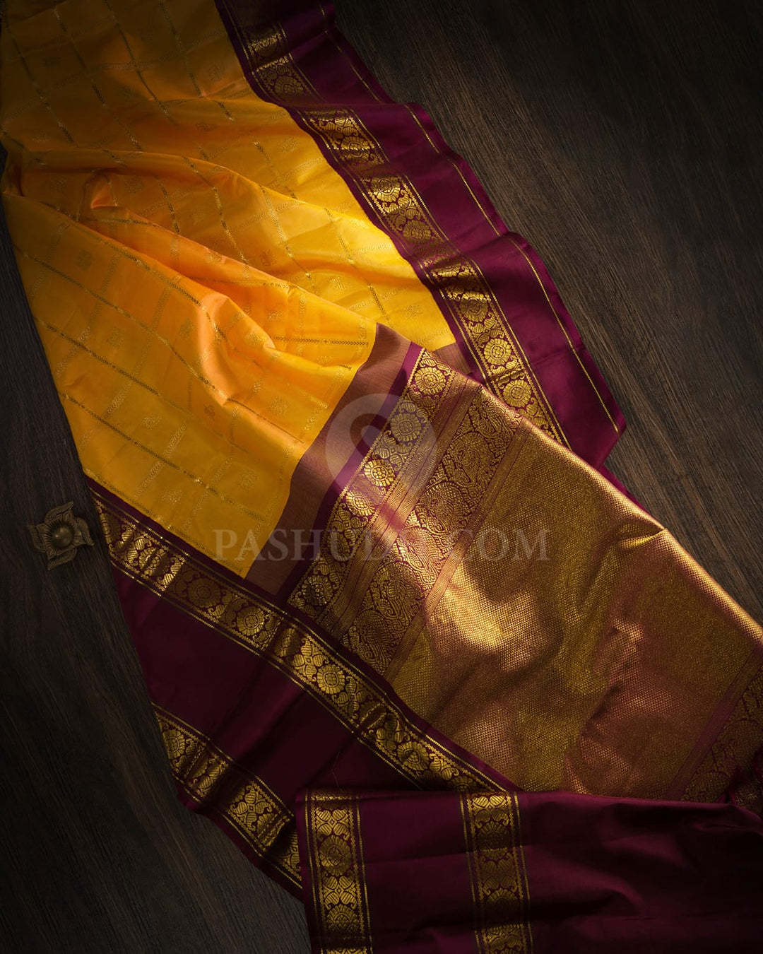 Bright Yellow And Arakku Kanjivaram Silk Saree-S1587(C)