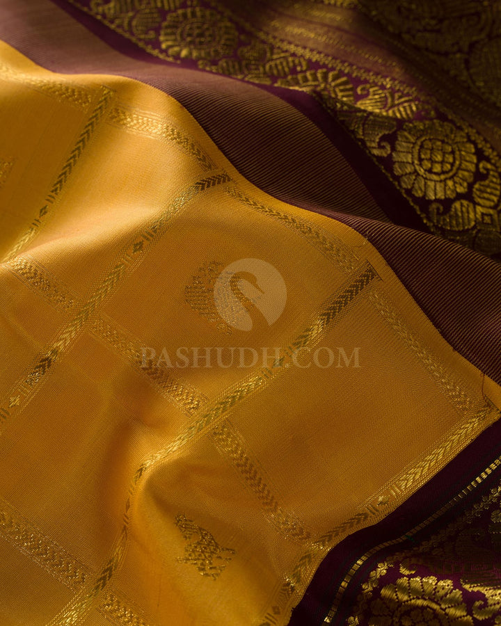 Bright Yellow And Arakku Kanjivaram Silk Saree-S1587(C)