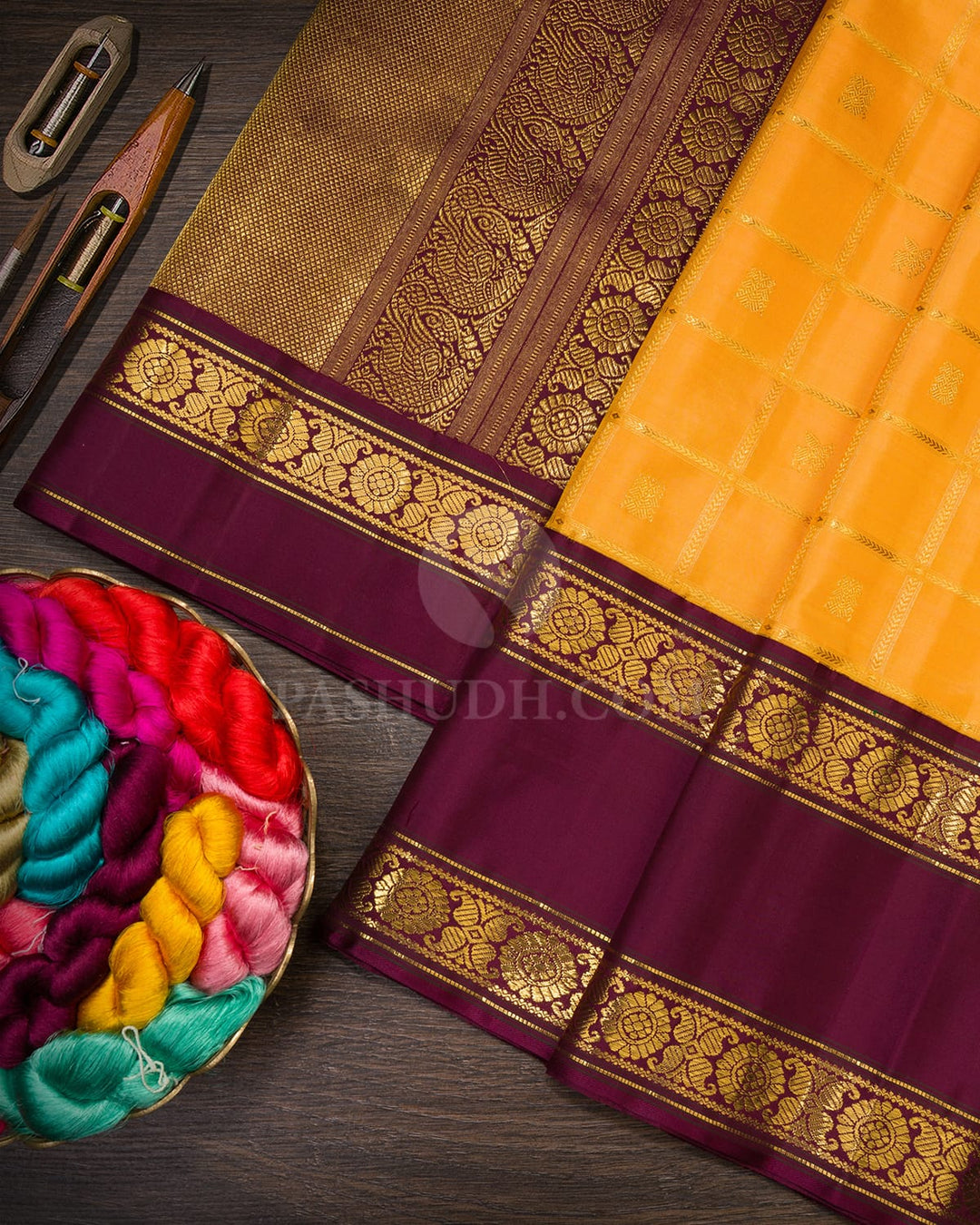 Bright Yellow And Arakku Kanjivaram Silk Saree-S1587(C)