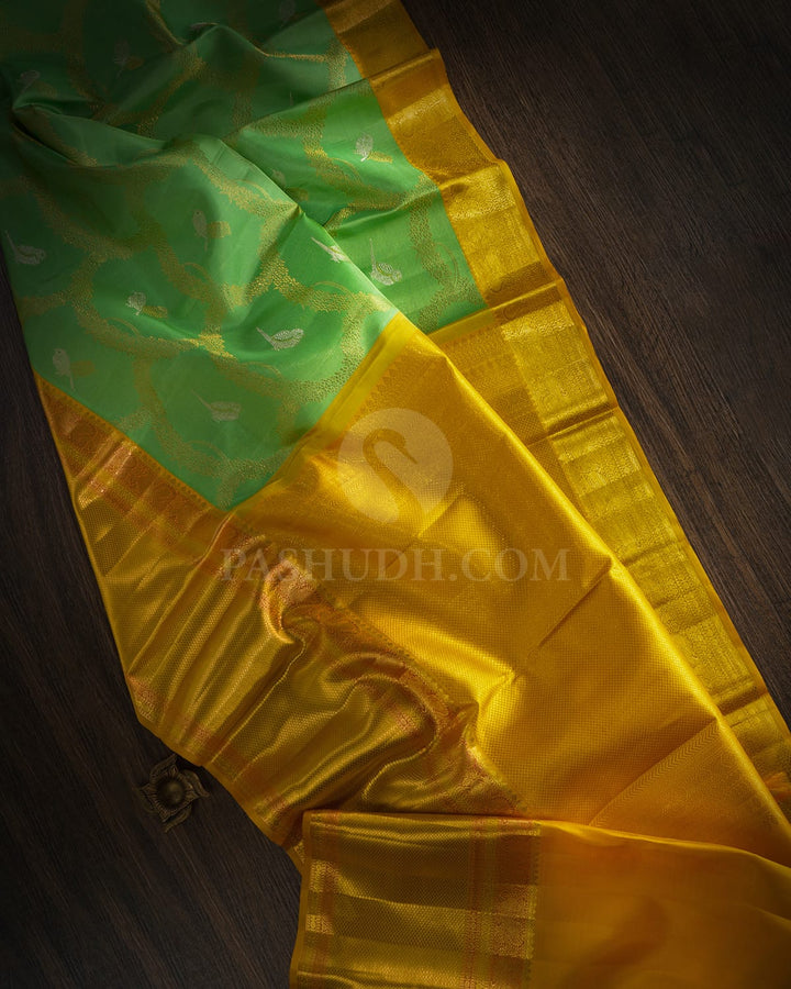 Dual Shaded Cool Green And Mango Yellow Kanjivaram Silk Saree-S1690(A)