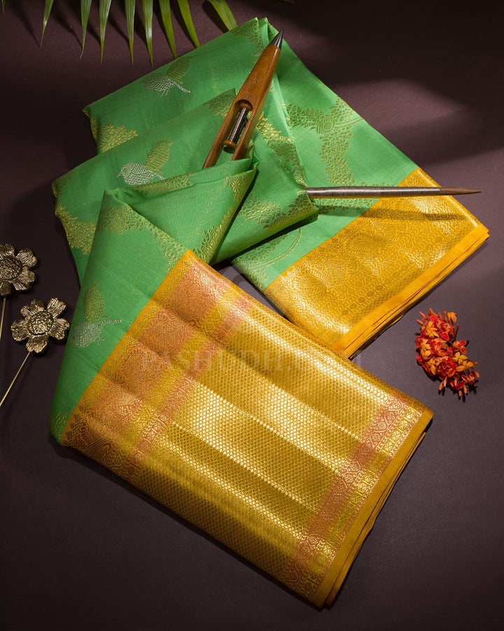 Dual Shaded Cool Green And Mango Yellow Kanjivaram Silk Saree-S1690(A)