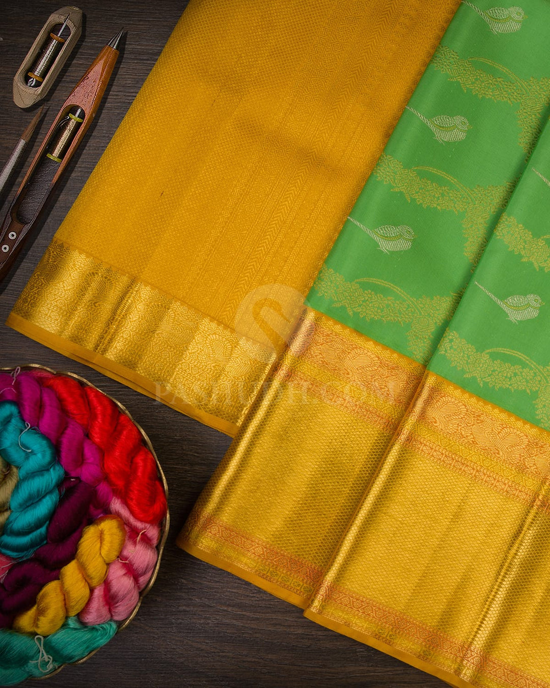 Dual Shaded Cool Green And Mango Yellow Kanjivaram Silk Saree-S1690(A)