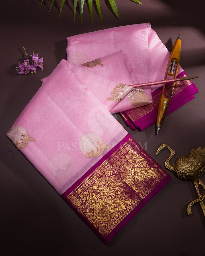 Baby Pink And Magenta Kora Organza Kanjivaram Silk Saree-S1397(C)