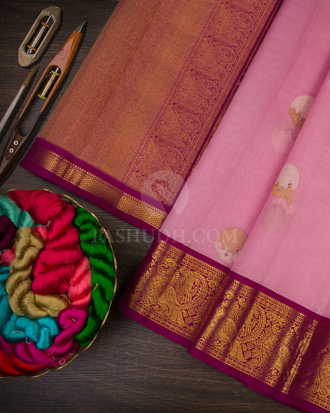Baby Pink And Magenta Kora Organza Kanjivaram Silk Saree-S1397(C)