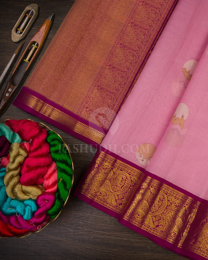 Baby Pink And Magenta Kora Organza Kanjivaram Silk Saree-S1397(C)