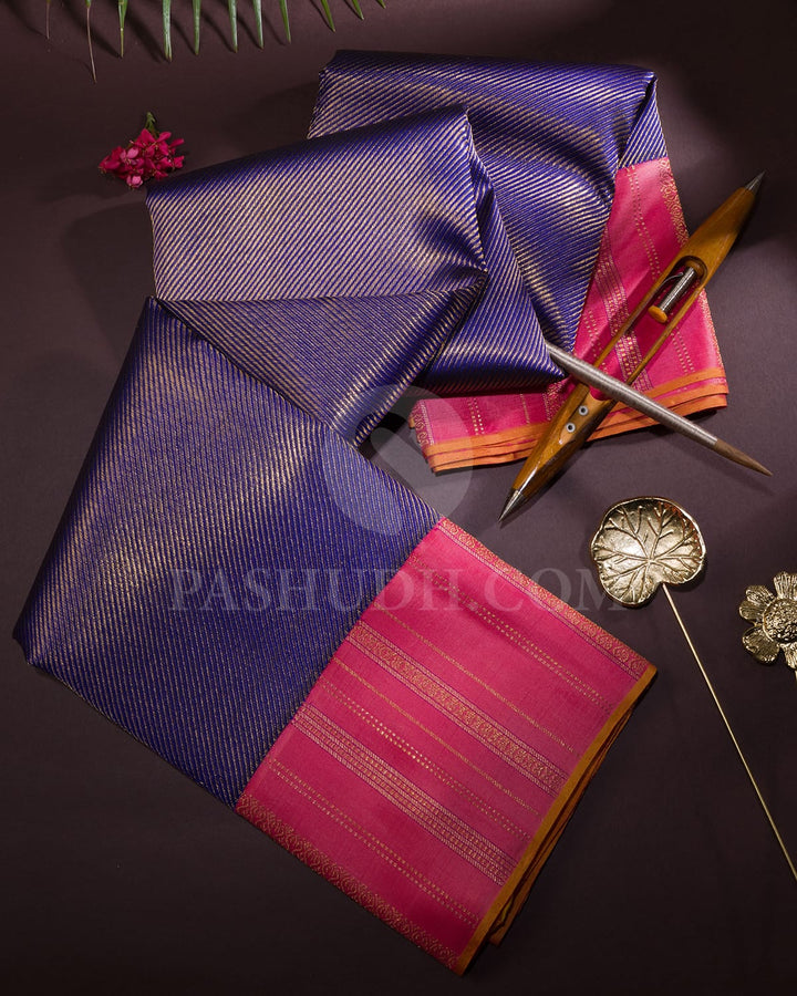 Royal Blue With Watermelon Pink Kanjivaram Silk Saree-S1449(D)