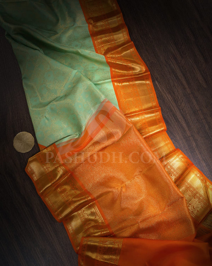 Mint Blue With Orange Kanjivaram Silk Saree-SP398