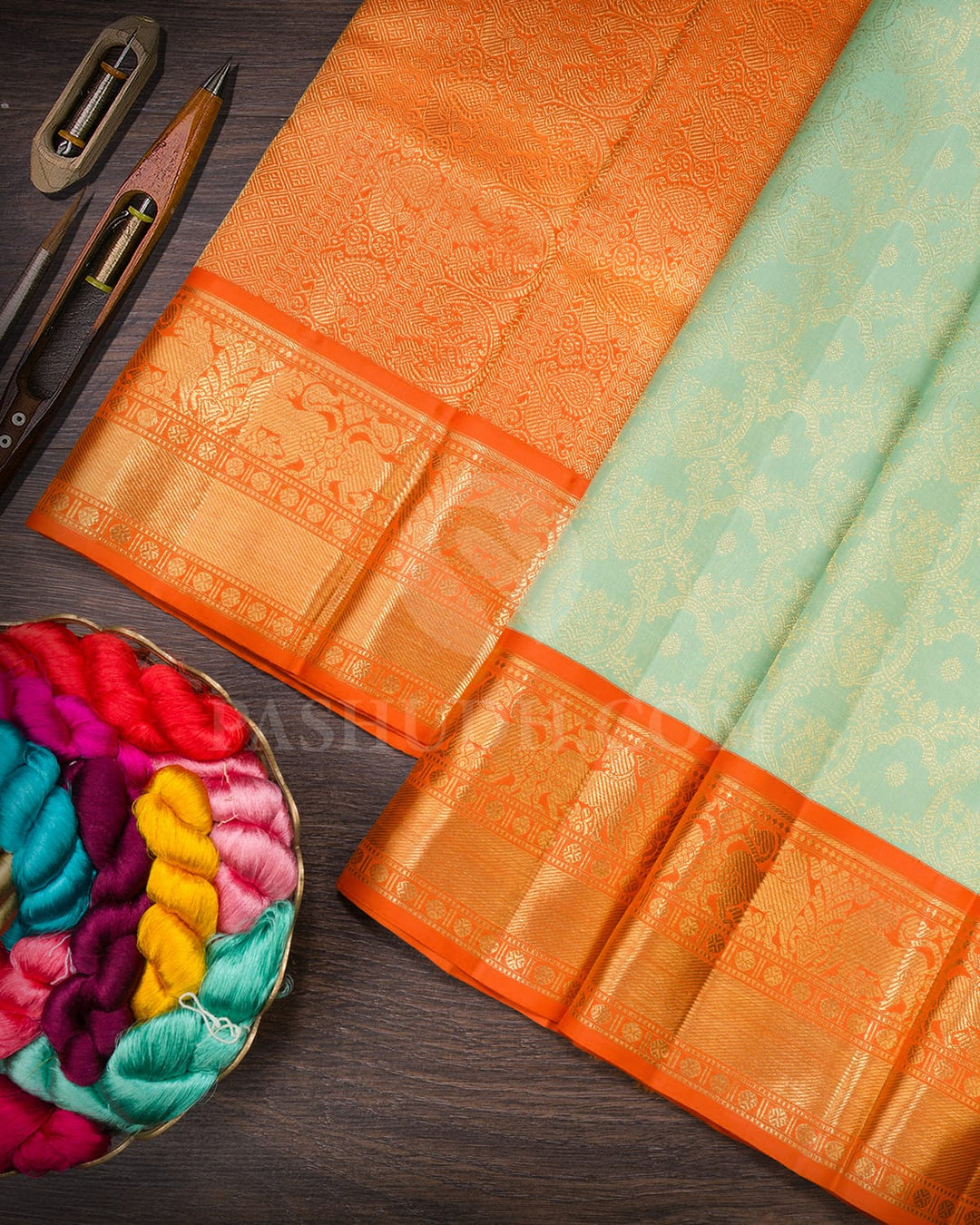 Mint Blue With Orange Kanjivaram Silk Saree-SP398