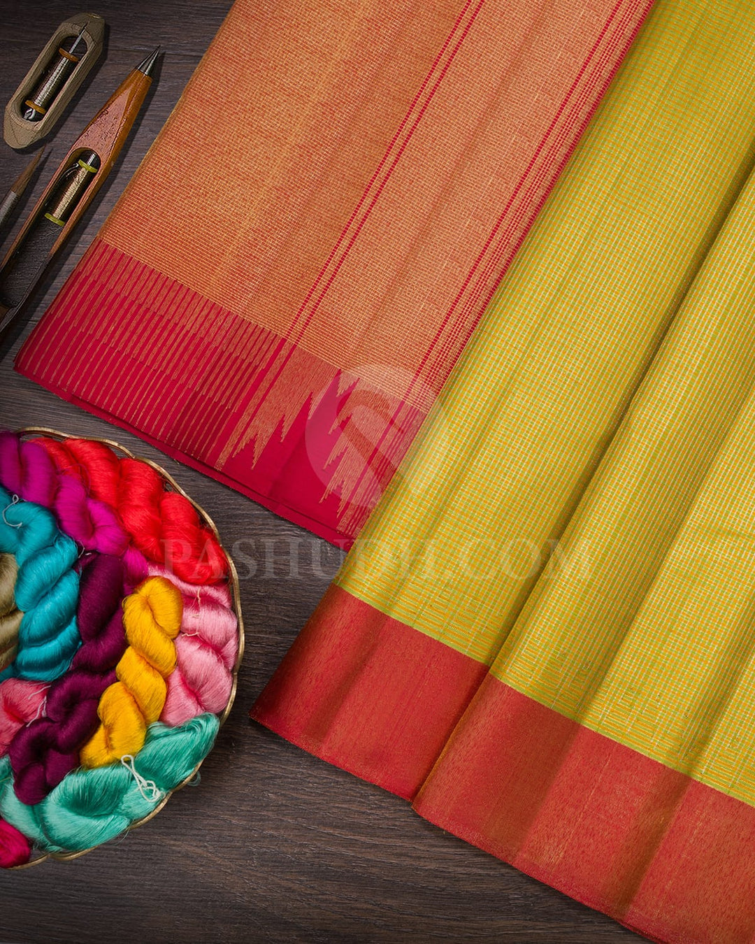 Yellow,Green And Red Kanjivaram Silk Saree-S1630(B)