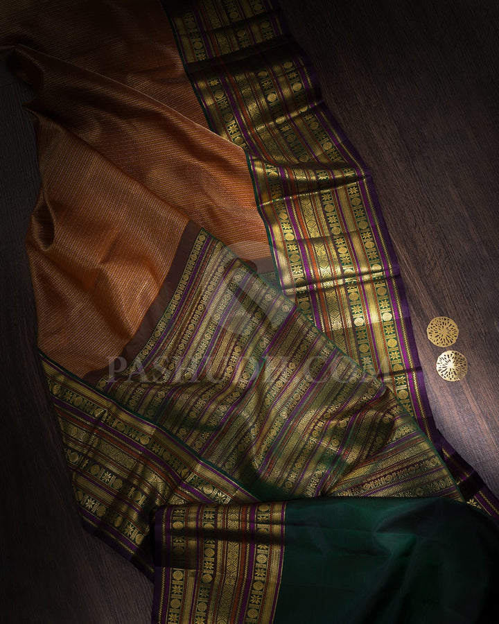 Caramel Brown And Bottle Green Kanjivaram Silk Saree-S1062(O)